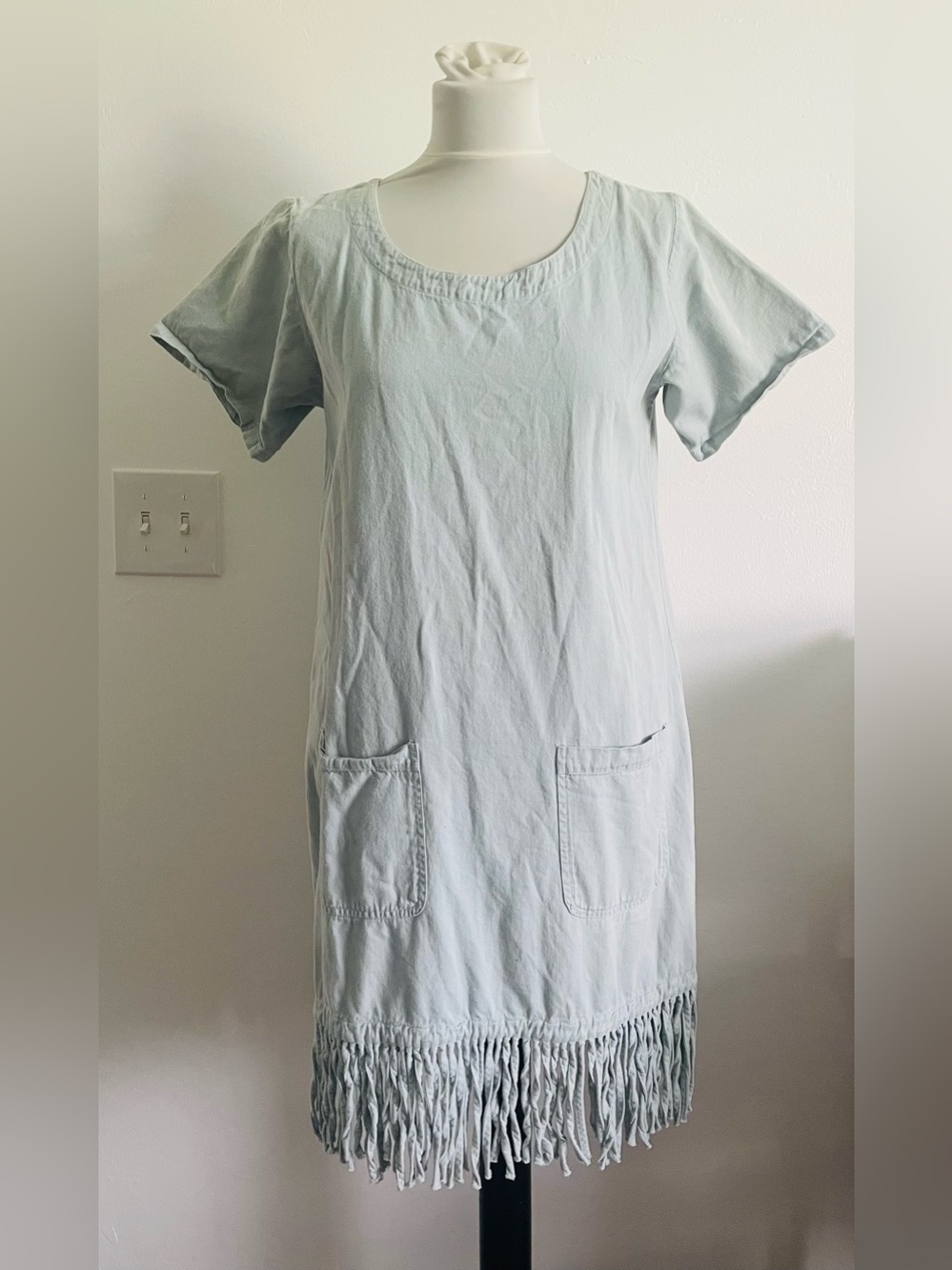 Las Olas Vintage Women Denim Dress S Light Blue Fringe Pockets Boho Western